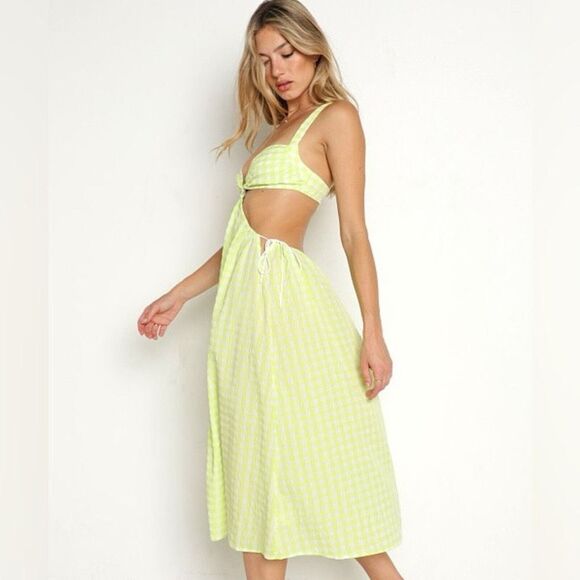 NWT For Love & Lemons Maureen Green & White Gingham Midi Dress Size Small - Picture 2 of 11